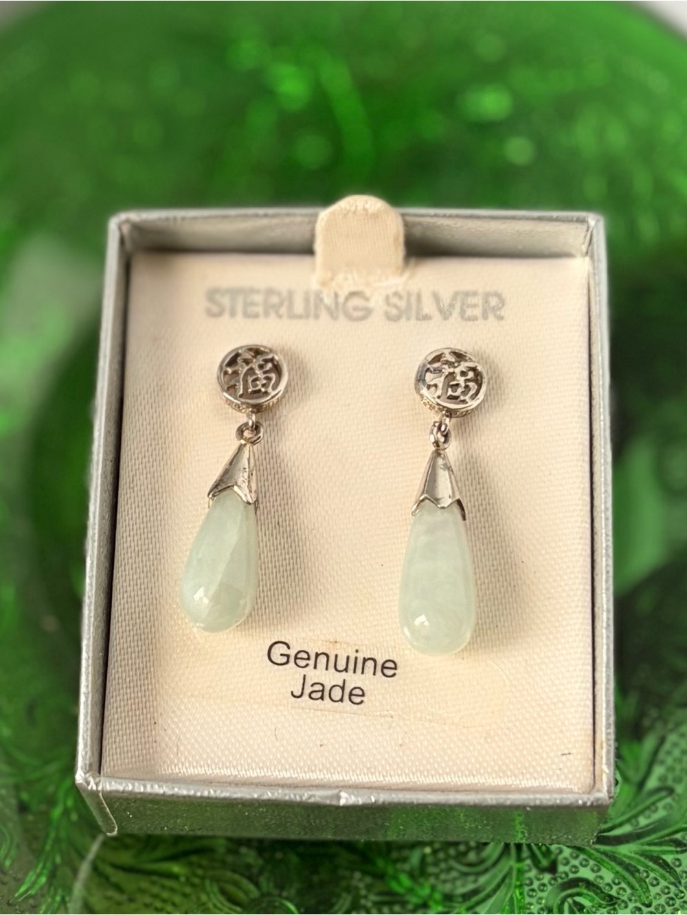 Genuine Jade Teardrop Drop Earrings - Pale Green